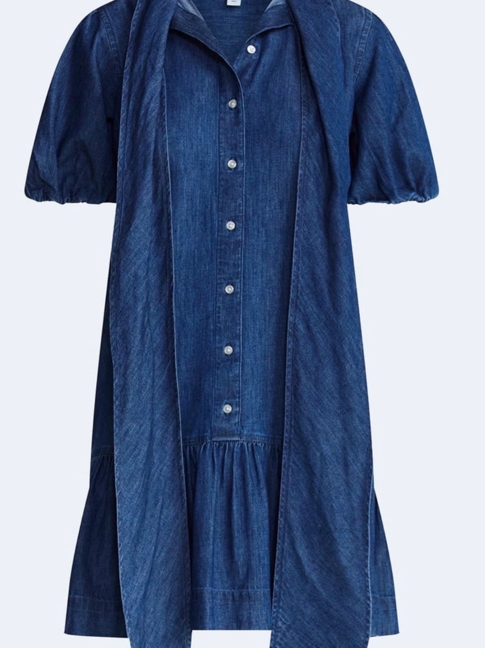 Tie-Neck Puff Sleeve Denim Dress - Dark Blue - Picture 4 of 4